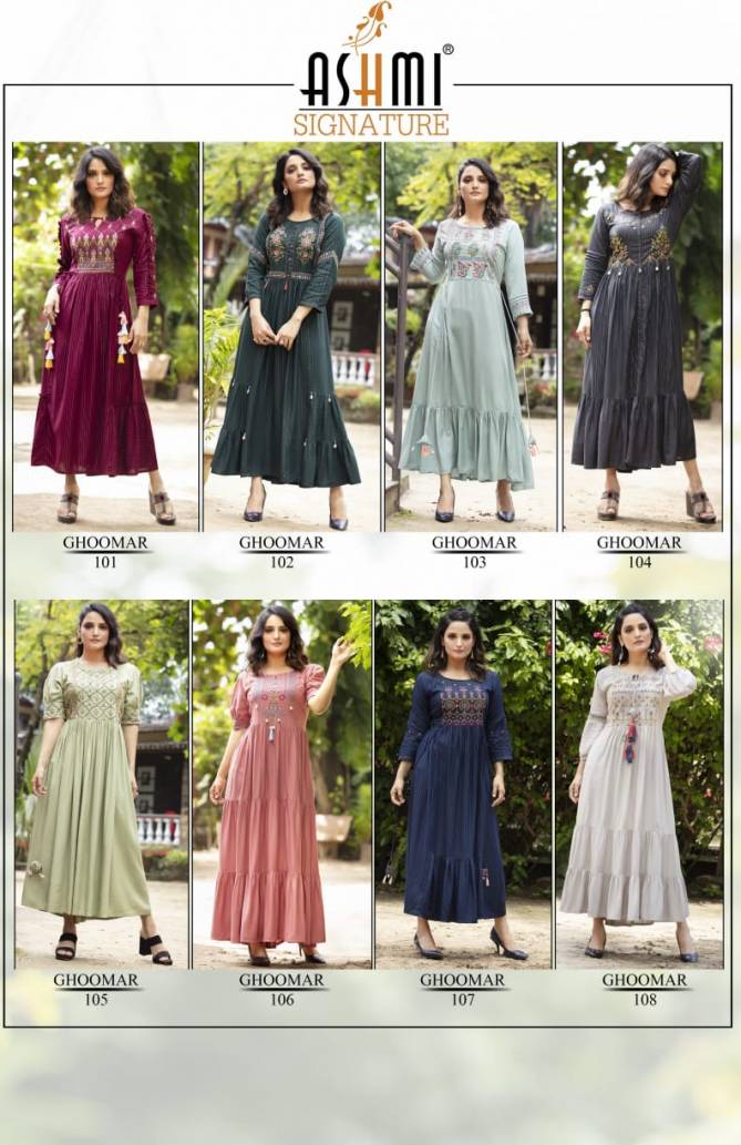 Ashmi Ghoomar New Exclusive Wear Rayon Long Designer Anarkali Kurti Collection